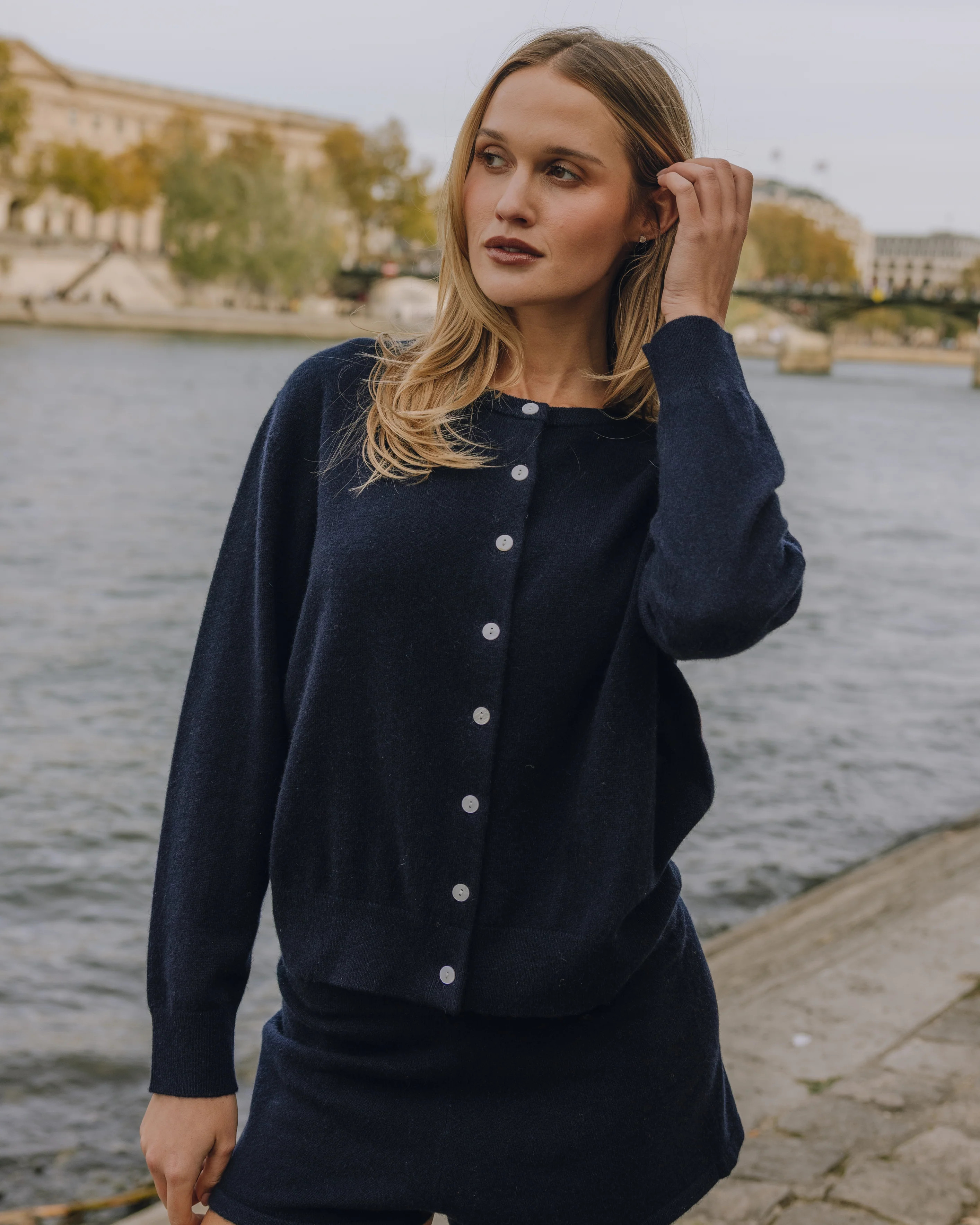 Cashmere Button Up Sweater - Navy | Daily Drills LLC