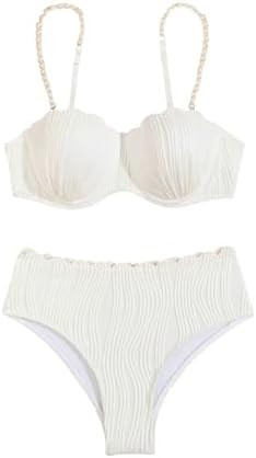 MakeMeChic Women's 2 Piece Bikini Set Textured Pearl Beaded Strap Scallop Trim High Waist Swimsui... | Amazon (US)