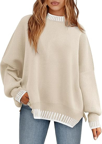 Saodimallsu Womens Oversized Sweaters Crewneck Color Block Winter Sweater Lantern Sleeve Side Sli... | Amazon (US)