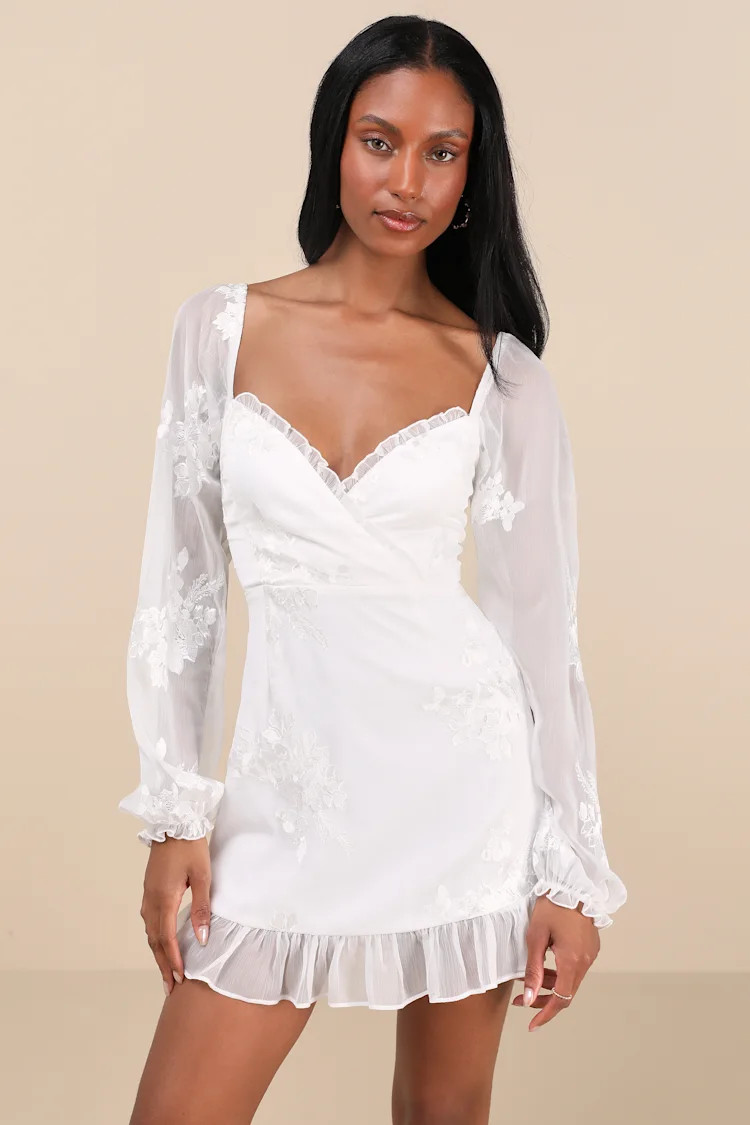 Flora White Embroidered Long Sleeve Mini Dress | Lulus