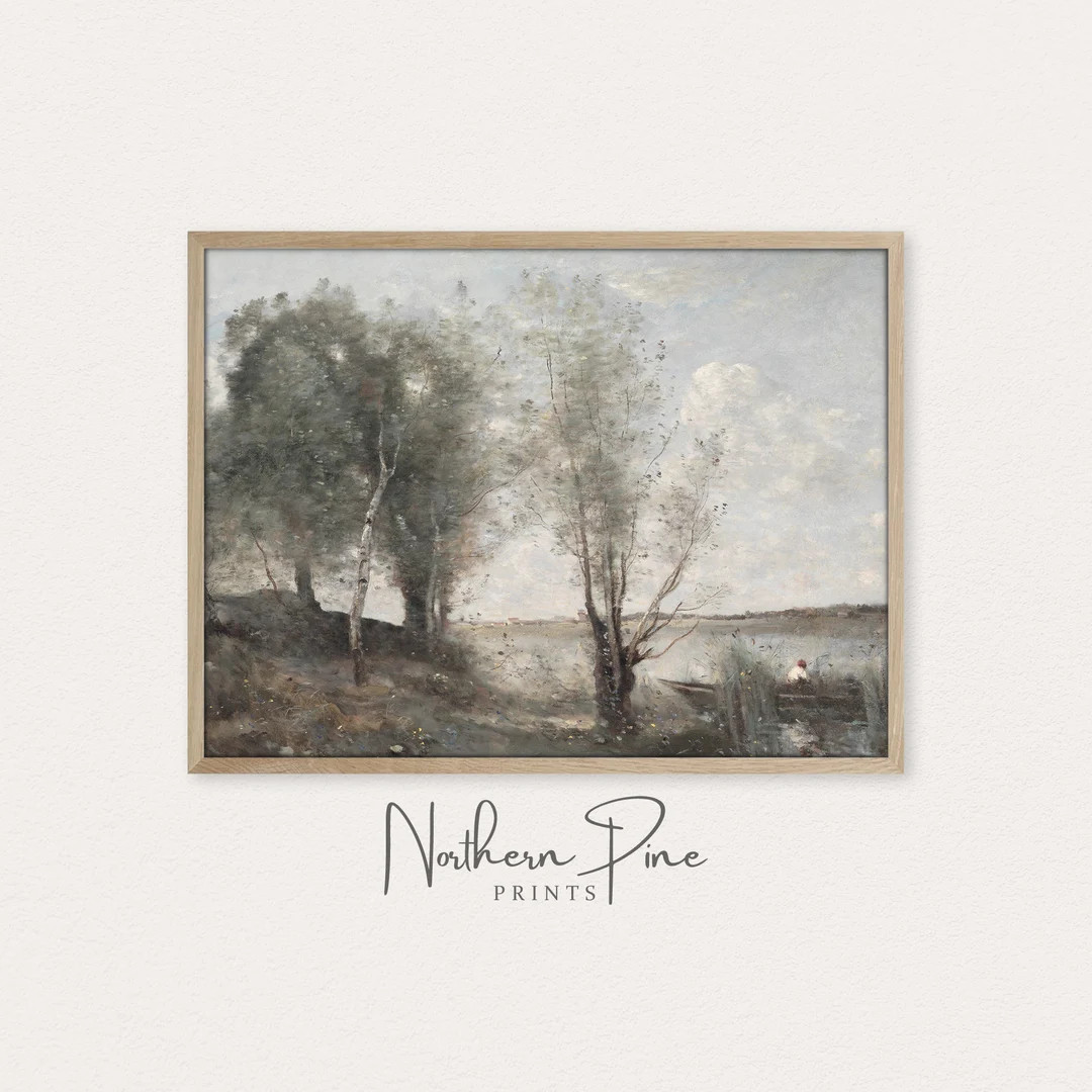 Muted Nature Print Vintage Oil Painting Antique Country Landscape Green Wall Art Neutral Home Dé... | Etsy (US)