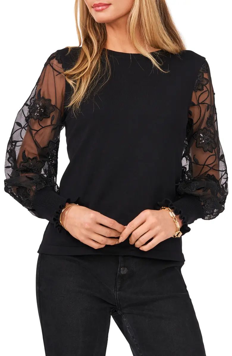 Vince Camuto Floral Sequin Sleeve Cotton Sweater | Nordstrom | Nordstrom