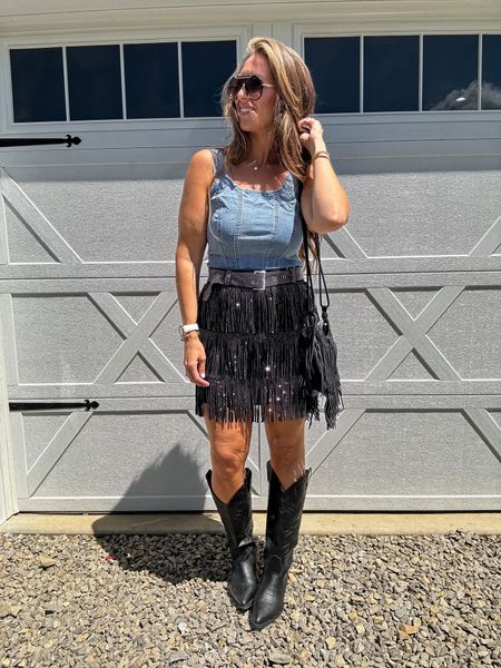 Amazon sparkle skirt size large 
denim top size M 
Amazon cowgirl boots run TTS 
Nashville outfit 

#LTKFestival #LTKmidsize #LTKfindsunder50