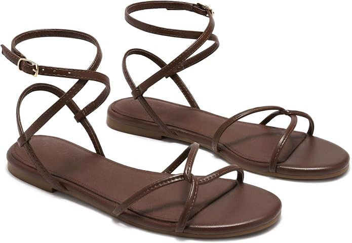 Coutgo Womens Flat Sandals Strappy Open Toe Cross Lace Up Ankle Strap Summer Dressy Beach Shoes | Amazon (US)
