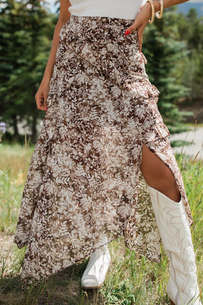 The Way Love Goes Brown Floral Ruffled Detail Midi Skirt | Pink Lily