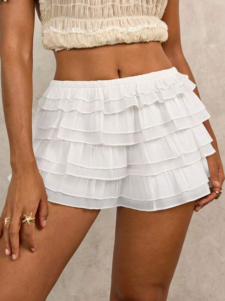 SHEIN Swim Women's Casual Solid Color Ruffle Hem Cover Up & Shorts Set | SHEIN