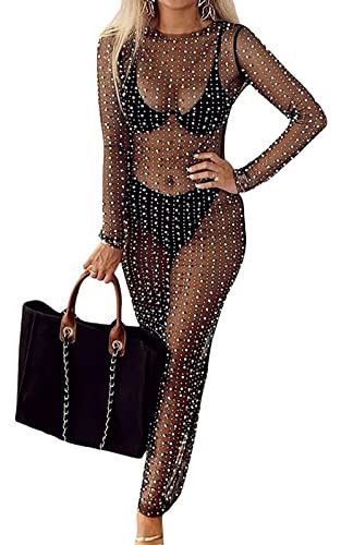 Willow Dance Women's Sheer Mesh Pearl Rhinestone Cover Up Beach Dress Swimwear Bikini Swimsuit Bathing Suit Coverups Black S | Amazon (US)