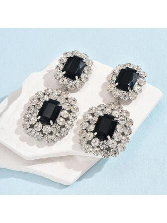 1pair Luxury Rhinestone Geometric Drop Earrings For Women For Party | SHEIN