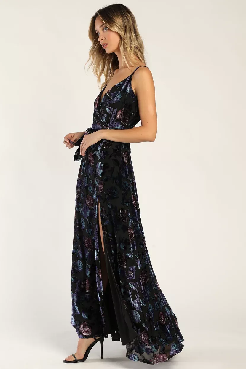 Divine Allure Black Floral Burnout Velvet Midi Dress