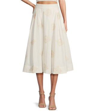 Woven Embroidered High Rise Pocketed A-Line Flounce Midi Coordinating Skirt | Dillard's