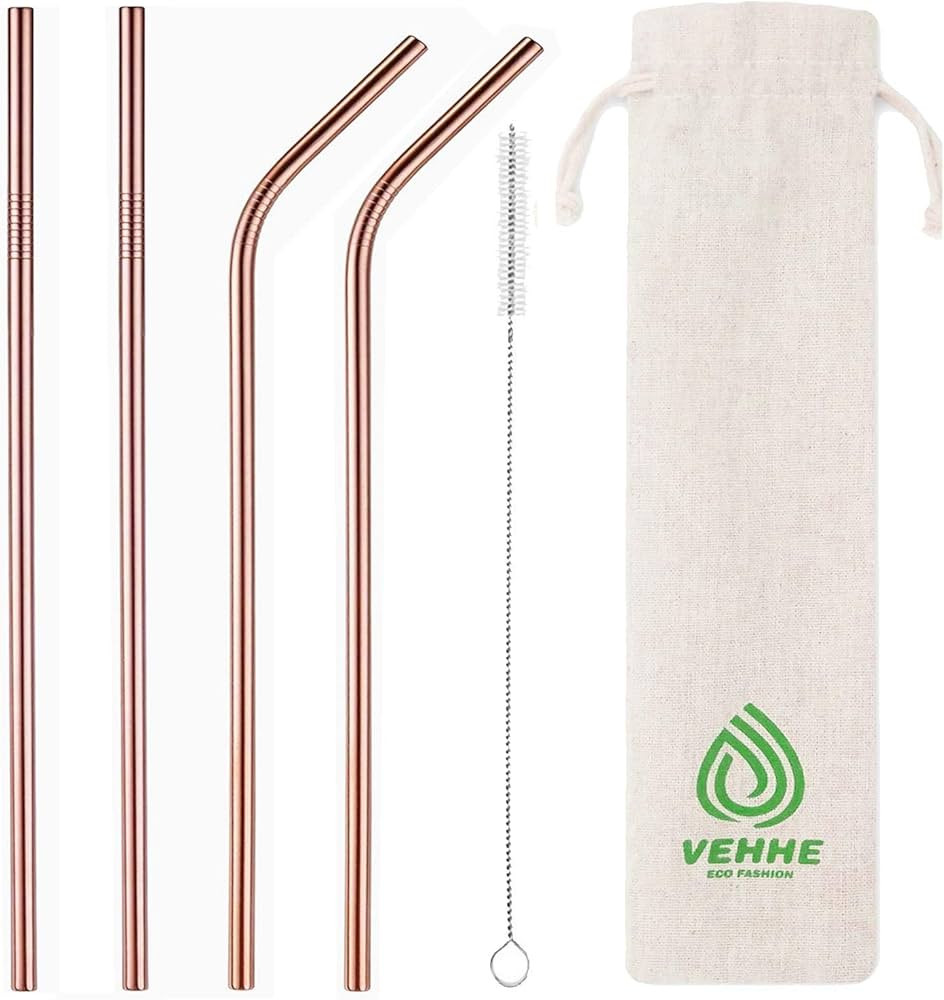 VEHHE Metal Straws Reusable Stainless Steel Straws Drinking Rose Gold 4 Set - Ultra Long 10.5" Cl... | Amazon (US)