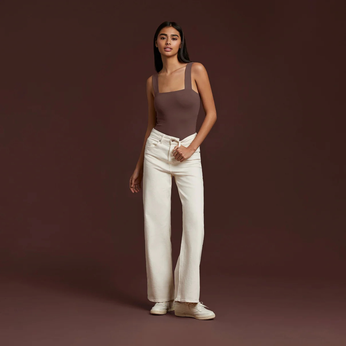 Women's Square Neck Tank Bodysuit - Coffee - nuuds | nuuds