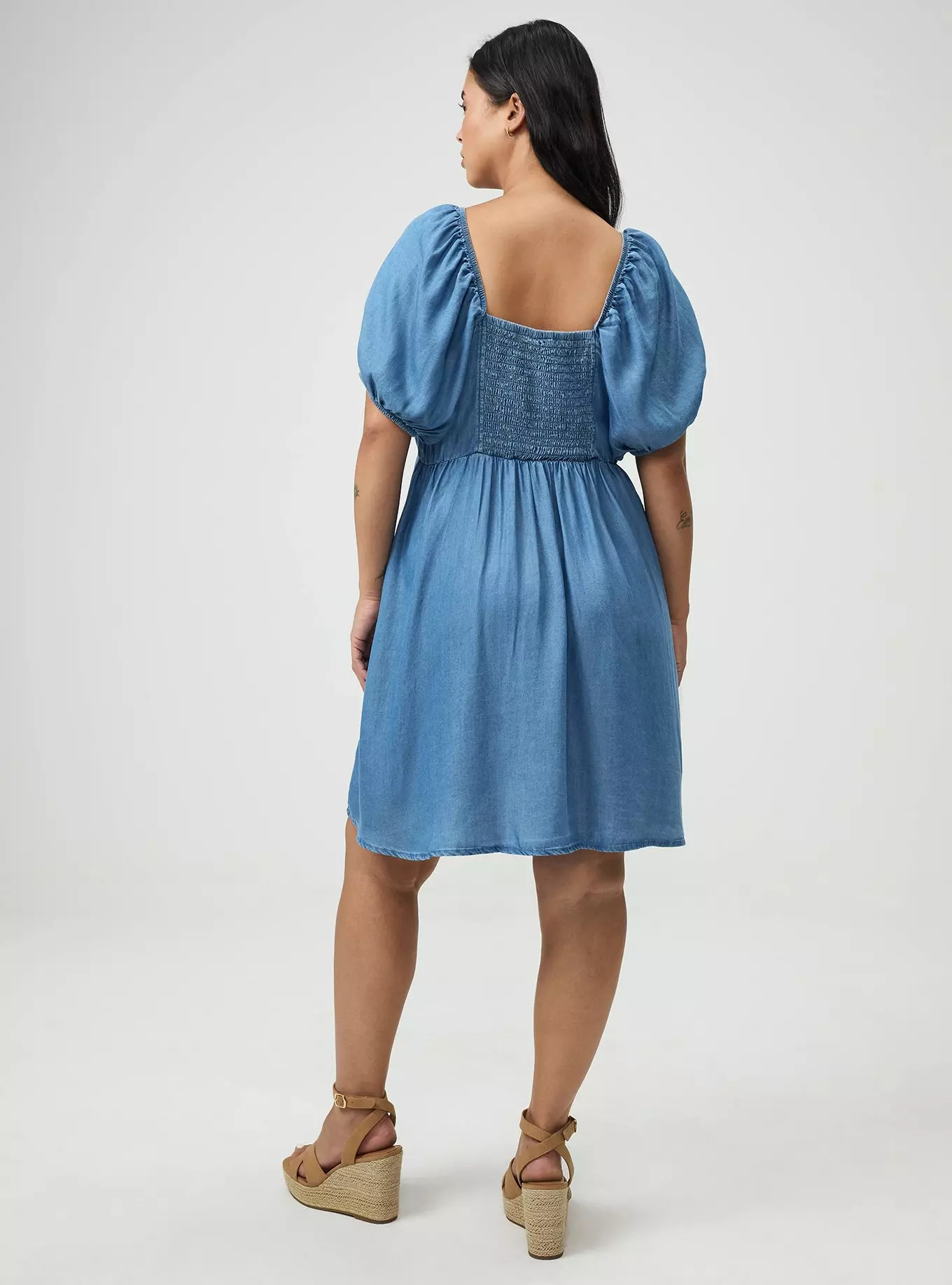 Chambray Puff Sleeve Mini Dress | Torrid (US & Canada)