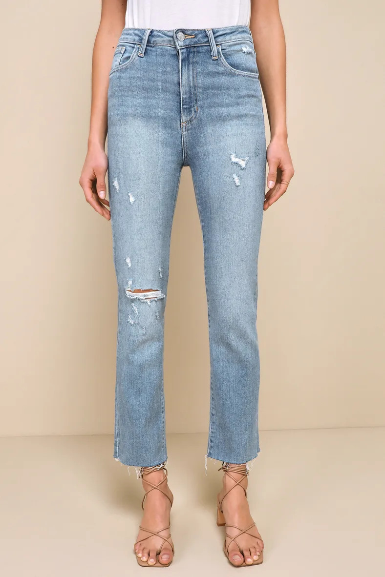 Extra Trendy Distressed Light Wash High-Waisted Slim Leg Jeans | Lulus