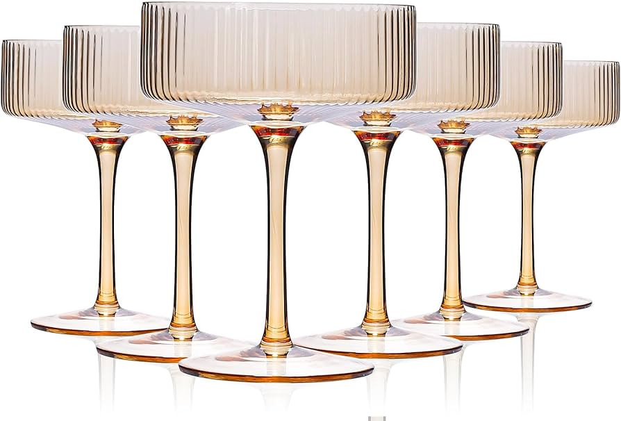 Amber martini glasses Vintage Art Deco Amber Coupe Glasses Set of 6 Ribbed Martini Cocktail Glass... | Amazon (US)