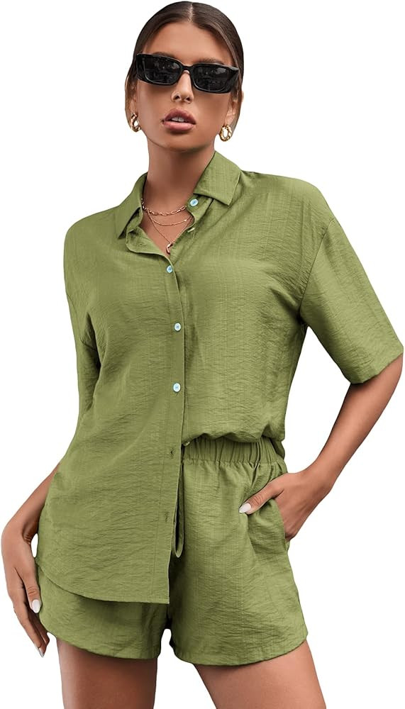 MakeMeChic Women's Casual 2 Piece Outfits Short Sleeve Button Down Blouse and Short Set | Amazon (US)
