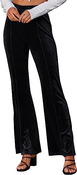 ECOWISH Womens Velvet Pants Elastic High Waist Palazzo Pants Casual Flare Long Trousers | Amazon (US)