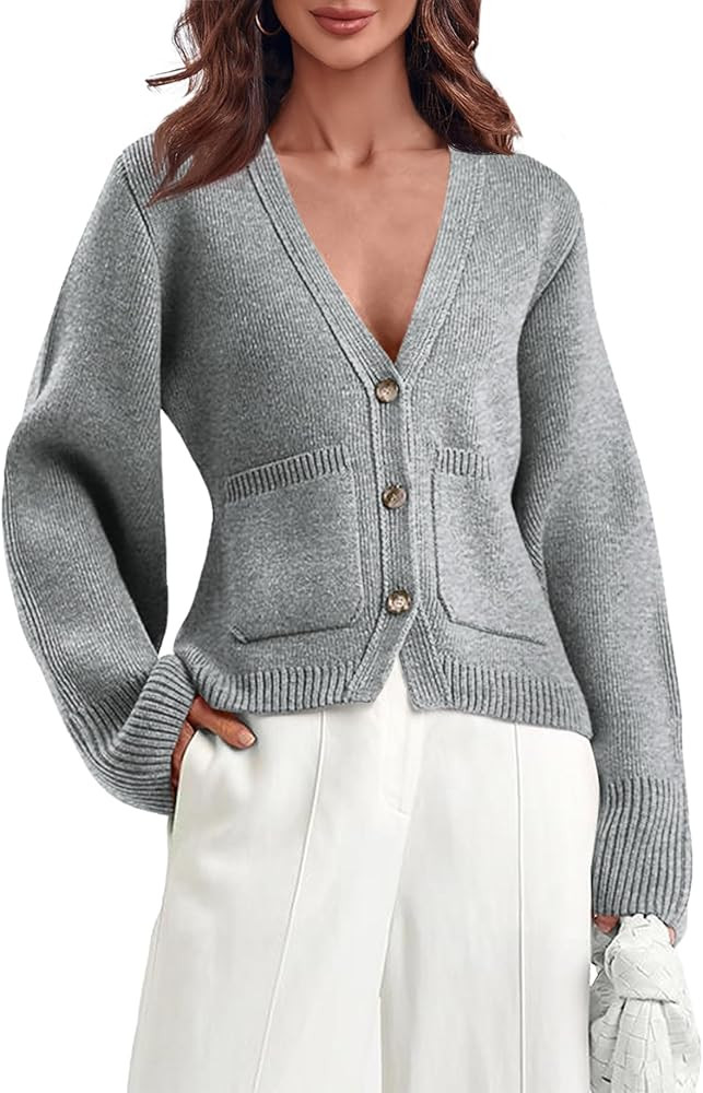 Saodimallsu Womens Deep V Neck Cardigan Sweaters Open Front Button Down Long Sleeve Cropped Knit ... | Amazon (US)