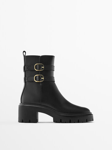 Leather ankle boots with track soles and buckles | Massimo Dutti US