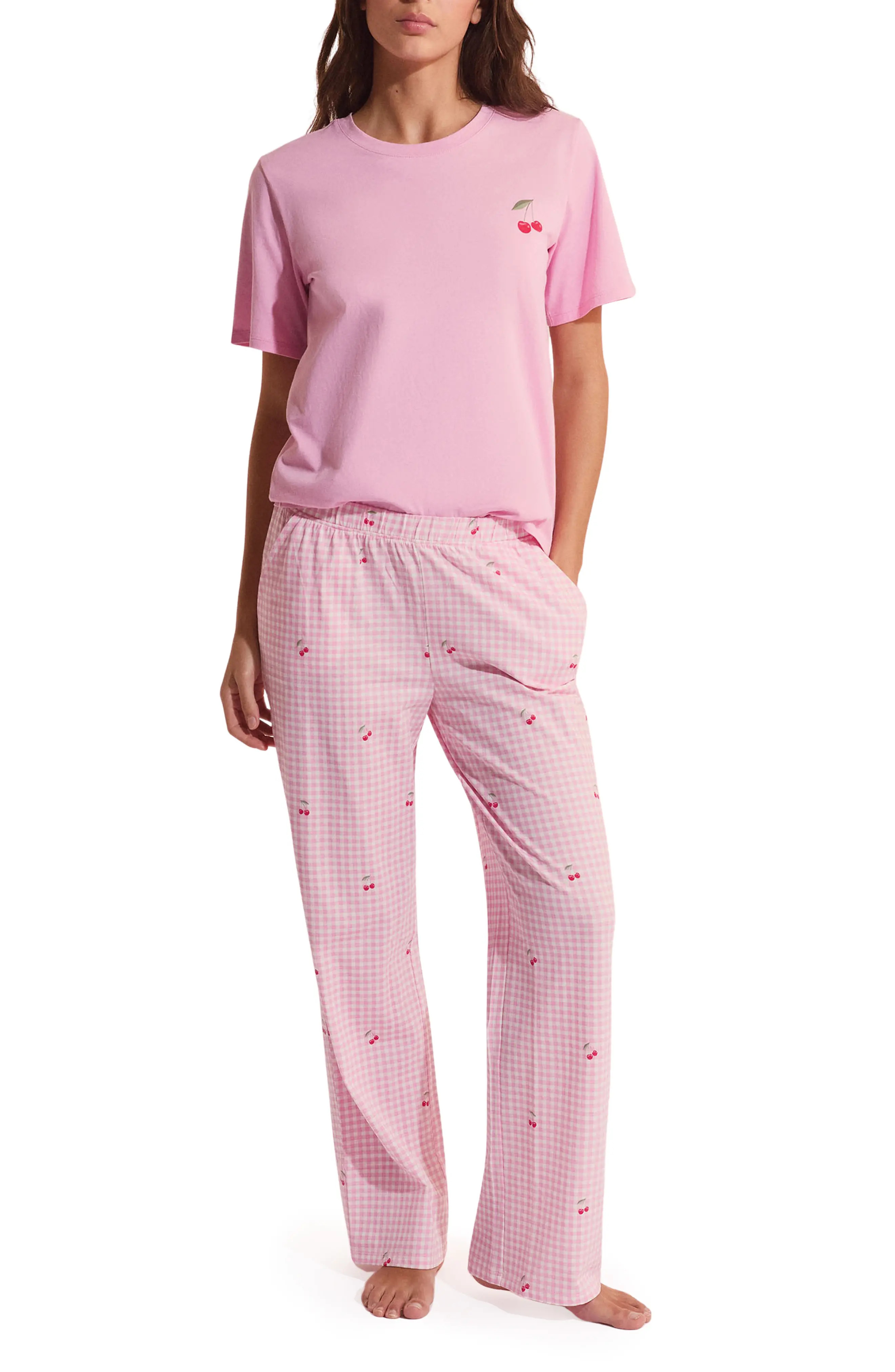 Etam Bonnie Cherry Print Cotton Pajama Top & Pants Set in Candy-Pink at Nordstrom, Size Large | Nordstrom
