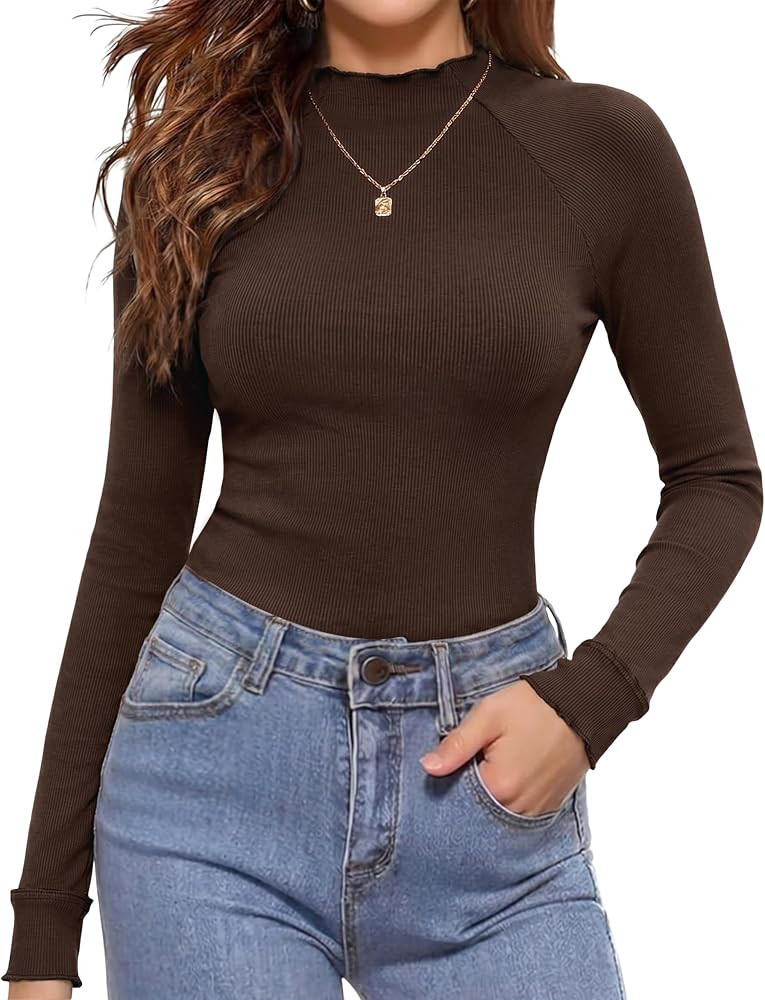 Langarmshirt Damen Gerippt Stehkragen mit Wellensaum Oberteil | Amazon (DE)