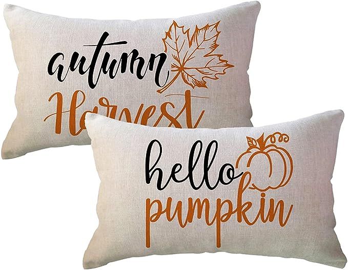 Autumn Fall Throw Pillow Covers Pumpkin/Maple Leaves Farmhouse Decorative Rectangular/Lumbar Cush... | Amazon (US)