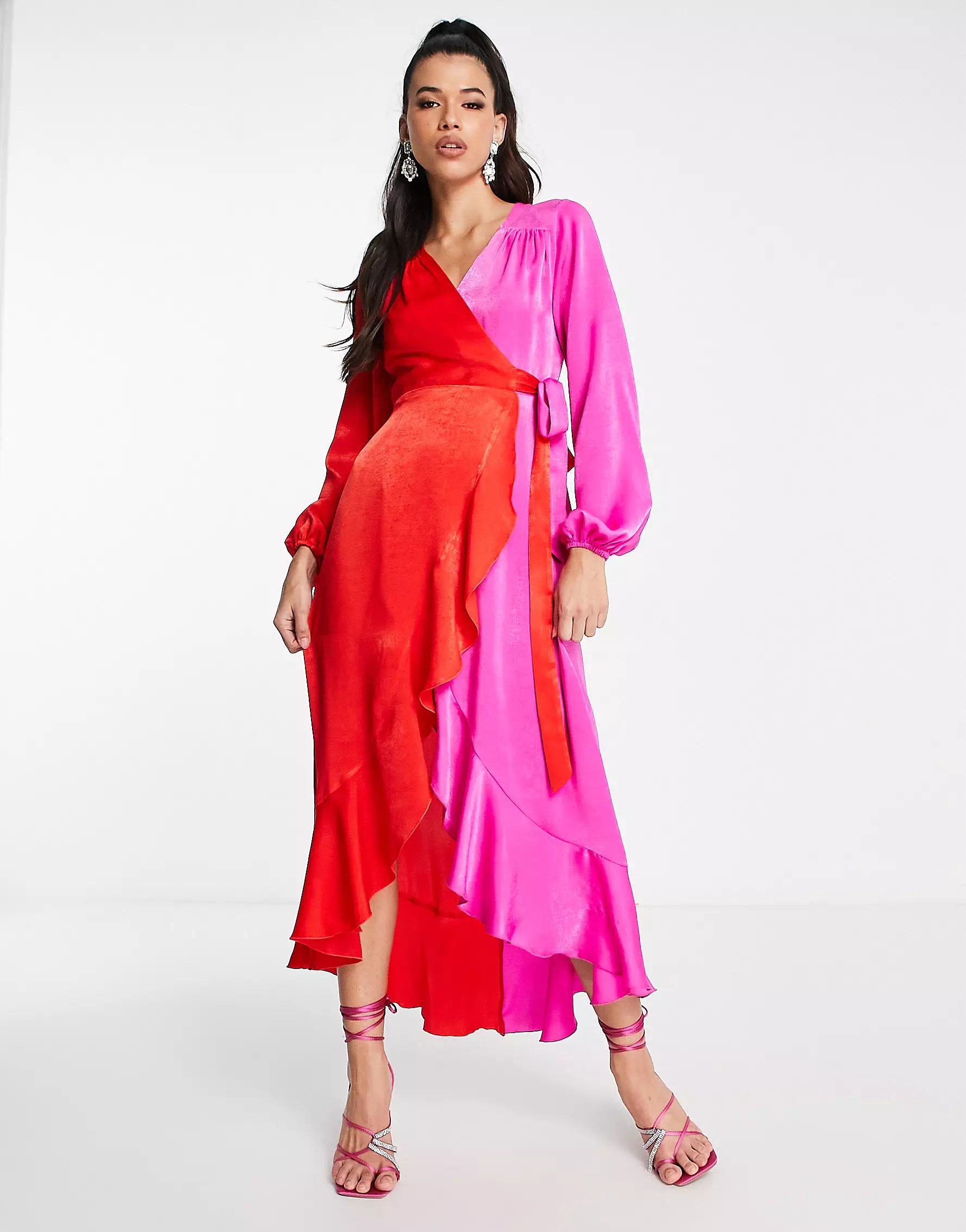 Flounce London satin balloon sleeve ruffle midi dress in contrast pink and red | ASOS (Global)