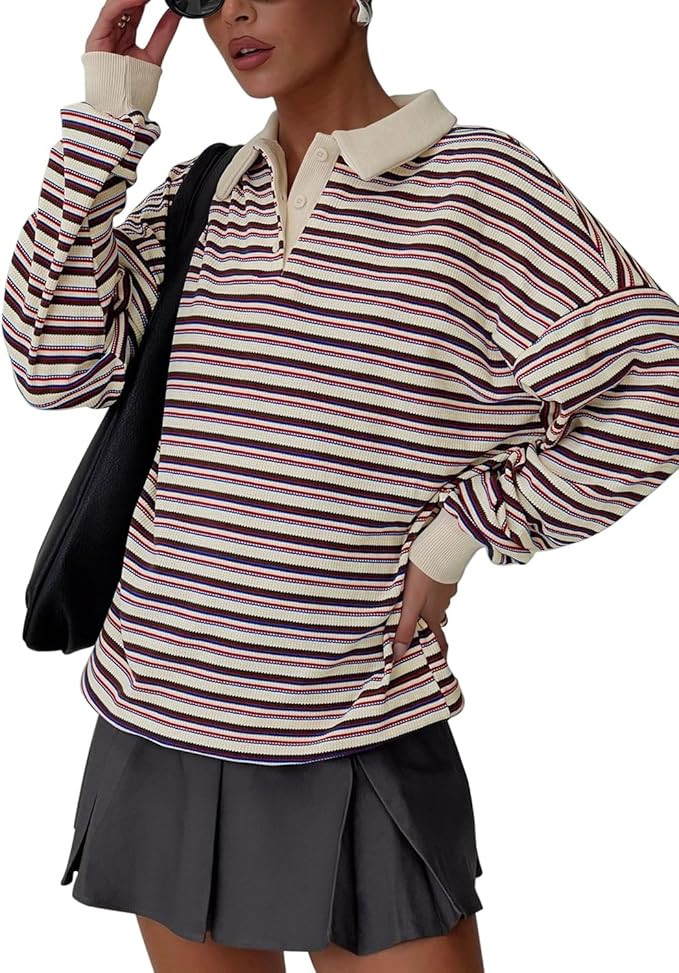 REORIA Oversized Sweatshirt for Women Trendy Fall Fashion 2025 Y2k Striped Long Sleeve Pullover R... | Amazon (US)