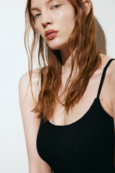 Crinkled Jersey Dress - Low-cut Neckline - Sleeveless - Black - Ladies | H&M US | H&M (US + CA)
