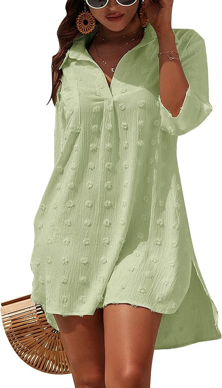 Blooming Jelly Womens Swimsuit Coverups White Chiffon Bikini Swimwear Beach Cover Up Dress Shirt | Amazon (US)