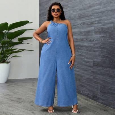 Plus Size Sexy Sleeveless Denim Jumpsuit, Off Shoulder, Loose Solid Color Women Summer Outfits Jean Jumpsuit Vacation | SHEIN