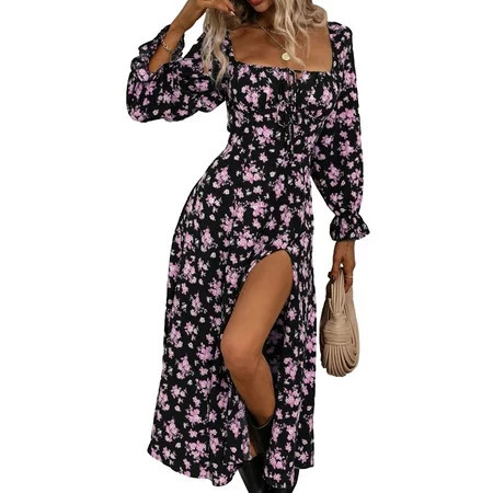 Women Long Dress Long Sleeve Square Neck Tie-up Floral Dress Slit Dress Fall Swing Dress | Walmart (US)