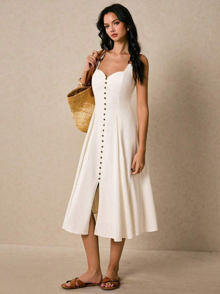 Poéselle Vestido Branco, Vestido De Linho, Vestido Halter, Decoração Com Botões, Looks De Praia Para Mulher, Looks De Férias Para Mulher, Vestido Longo Liso Feminino, Moda Para O Verão | SHEIN