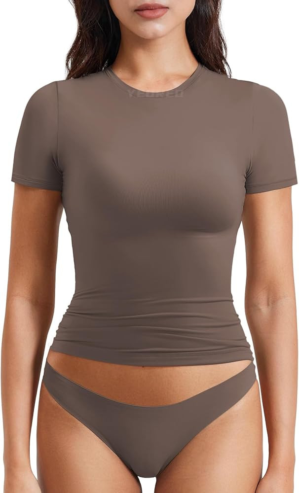 YEOREO Women Fitted Workout Tops Short Sleeve Double Lined Basic Y2K Going Out Crew Neck Compress... | Amazon (US)