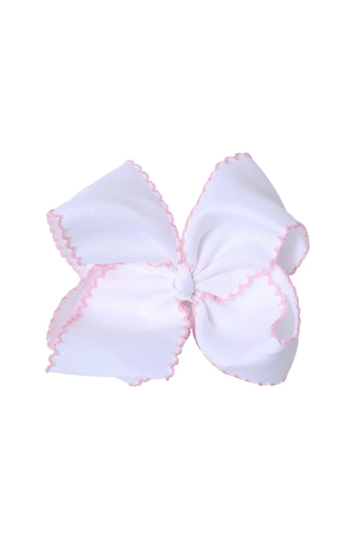 Scalloped Edge Grosgrain Bow White/Pink | The Smocked Flamingo