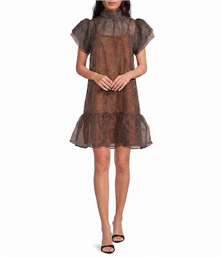 Leopard Print Mock Neck Short Sleeve Back Bow Organza Shift Dress | Dillard's