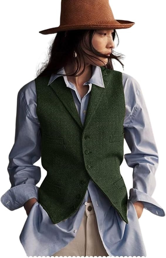 Womens Herringbone Tweed Waistcoat Lapel Sleeveless Blazers V Neck Work Office Suit Vests | Amazon (US)