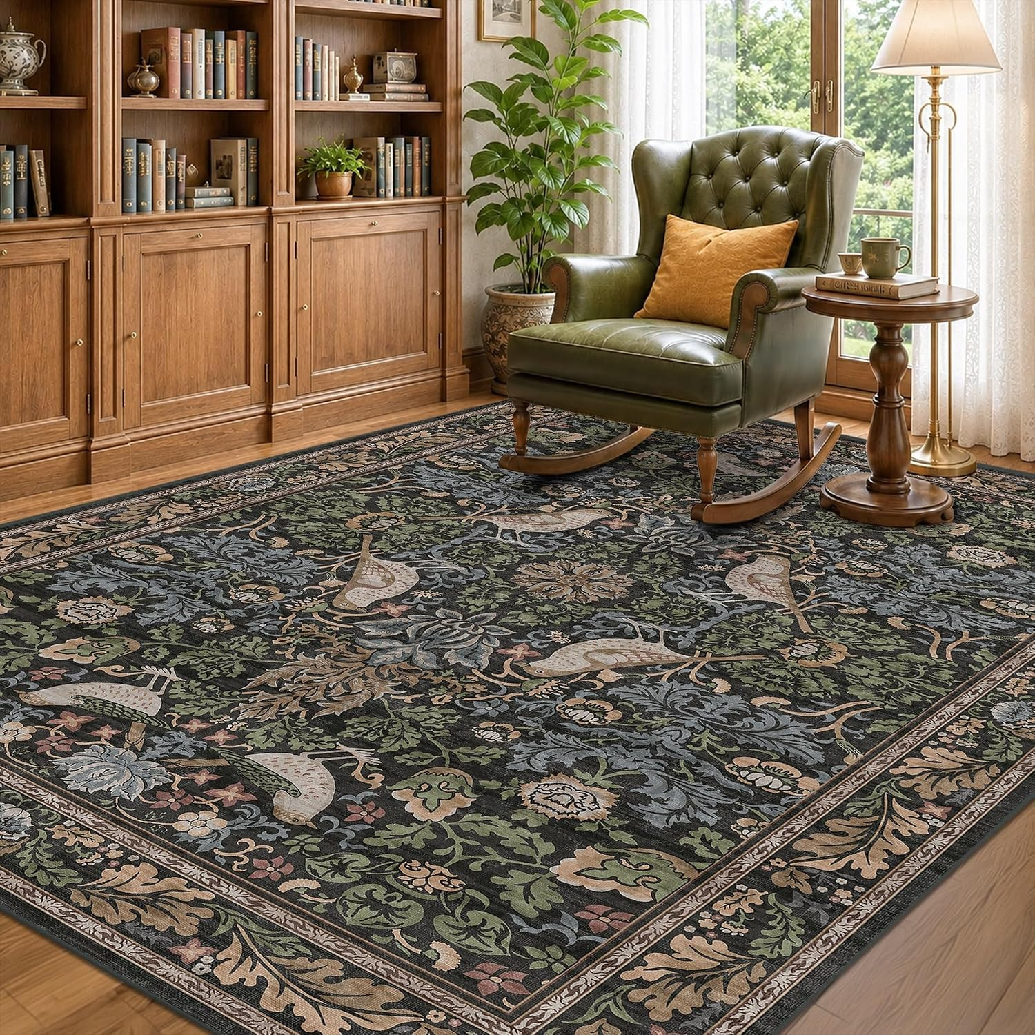 Vintage Floral & Bird Washable Area Rug 5x7 - Dark Green Traditional Forest Distressed Antique Rugs for Living Room, Bedroom, Dining Room, Non-Slip Stain Resistant Low Pile | Amazon (US)