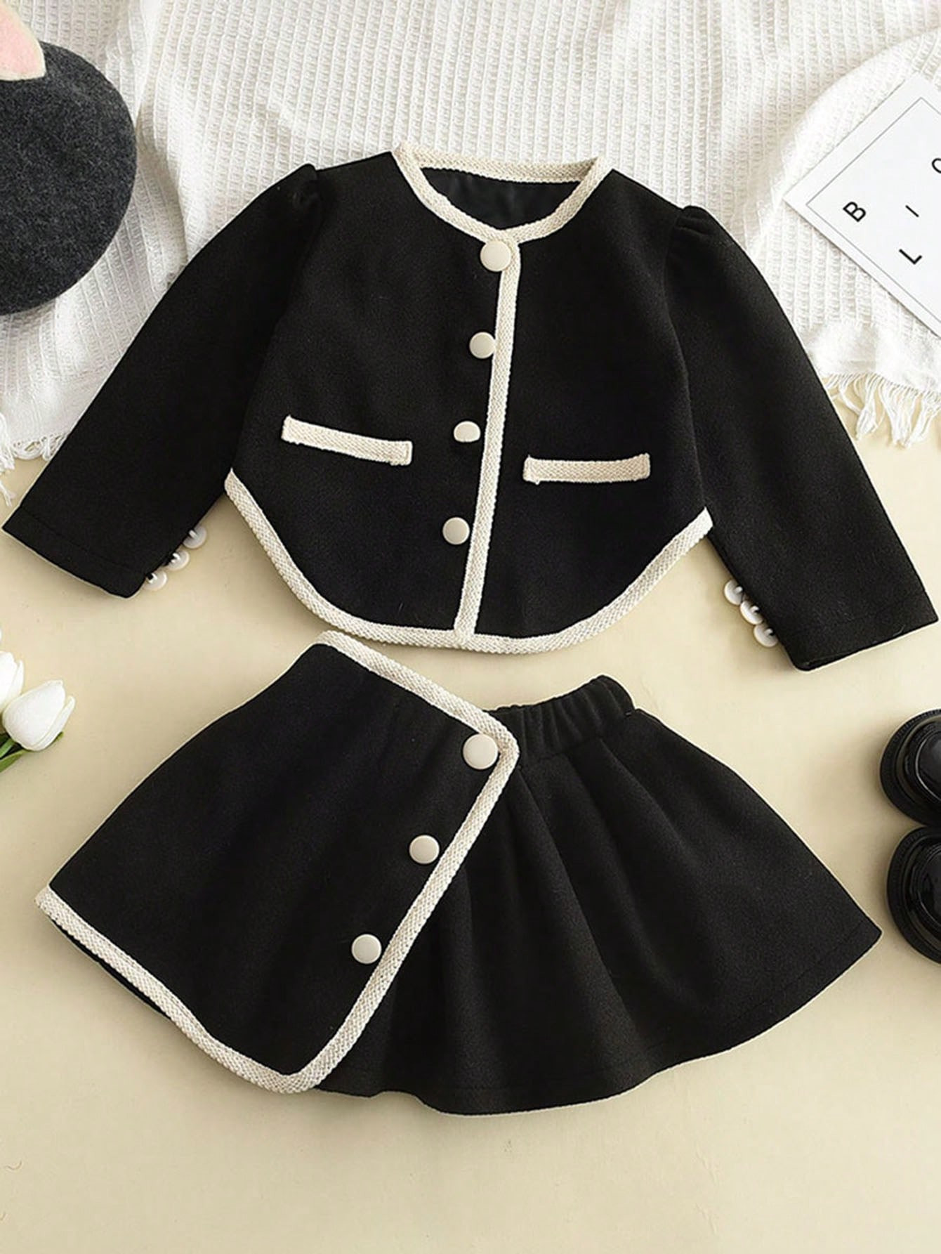 2pcs/Set Young Girl Casual Asymmetrical Long Sleeve Jacket And Skirt Outfit, Autumn Winter | SHEIN