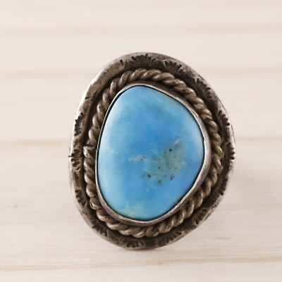 OLD PAWN STERLING SILVER BLUE TURQUOISE ROPE BORDER STAMPS RING SIZE 6 | eBay US