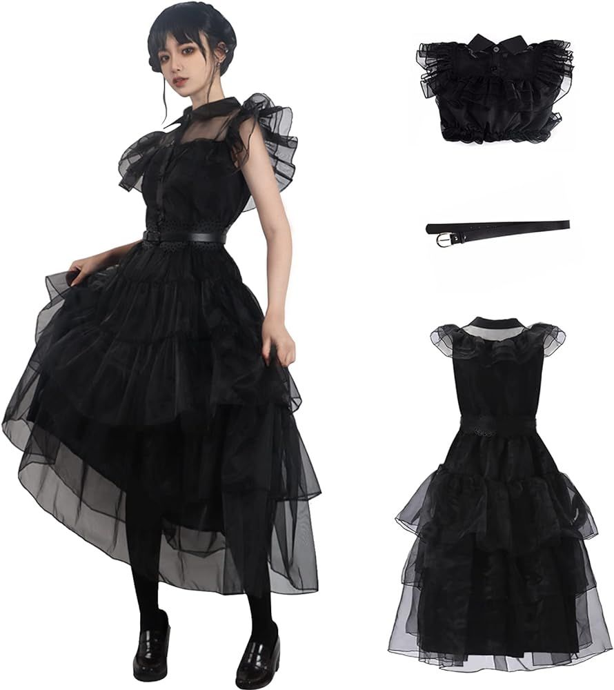 Family Wednesday Costume Women Vintage Goth Black Raven Dance Dress Cosplay Girl Tulle Lace Skirt... | Amazon (US)