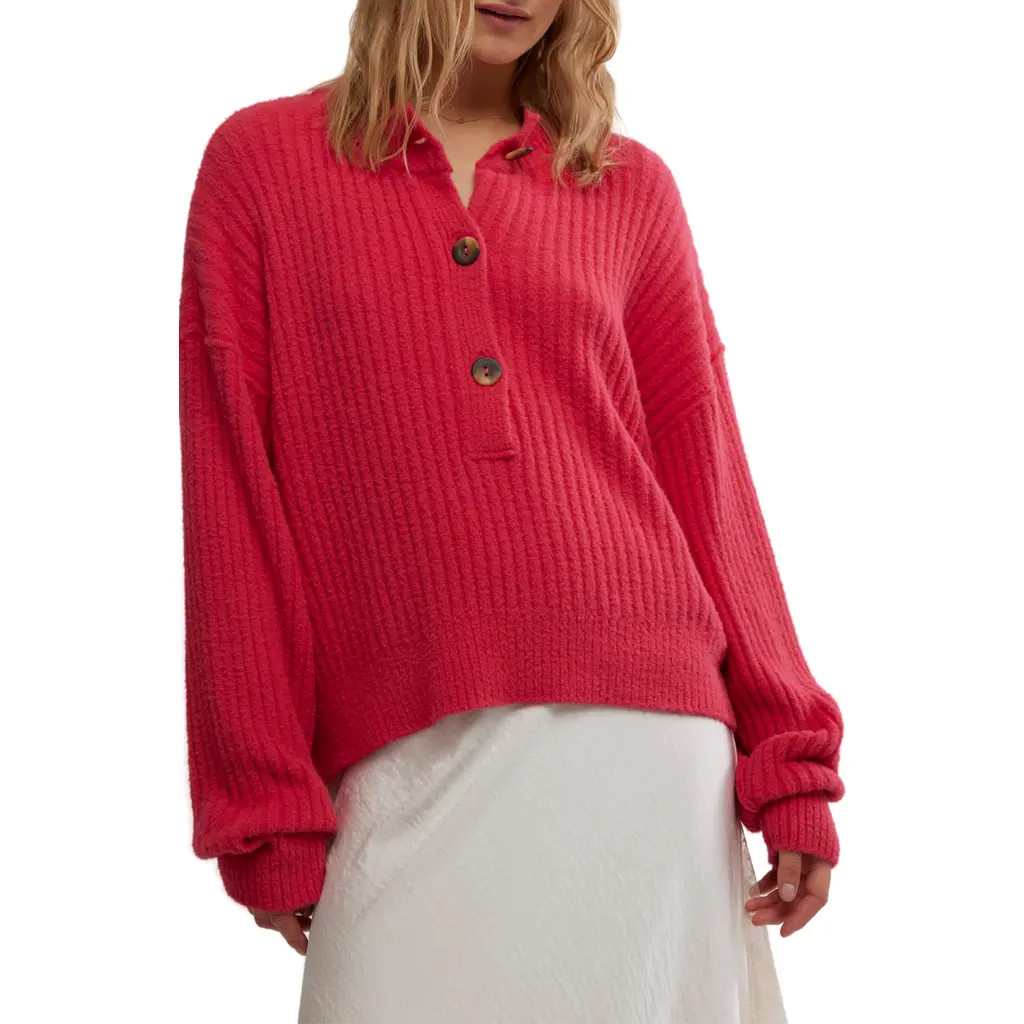 Free People Cocoa Rib Henley Sweater in Virtual Pink at Nordstrom, Size Large | Nordstrom