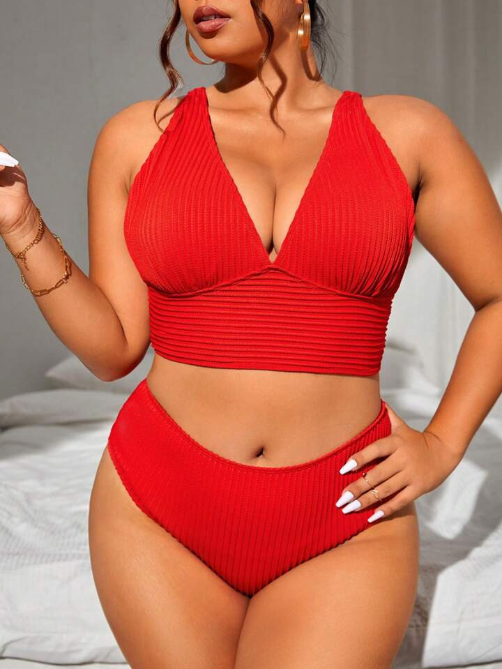 Plus Plain Ribbed Knit Bikini Swimsuit | SHEIN