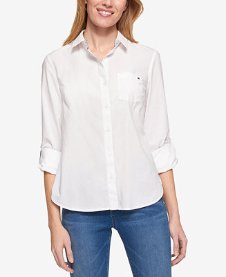 Women's Cotton Roll-Tab Button-Up Shirt | Macy's
