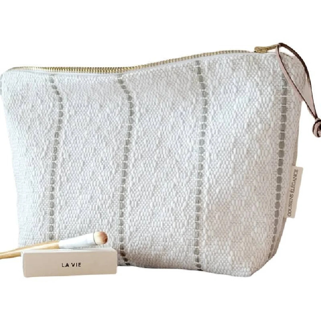 Minimalist modern makeup bag, off white grey stripe cosmetic bag, unique toiletry bag women | Etsy (US)