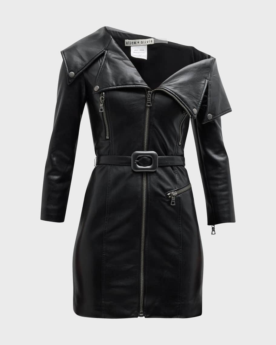 Alice + Olivia Miara Vegan Leather Asymmetric Moto Dress | Neiman Marcus