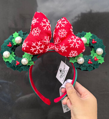 Disney Parks Christmas Holiday Wreath Bow Minnie Mouse Ears Headband NWT | eBay US