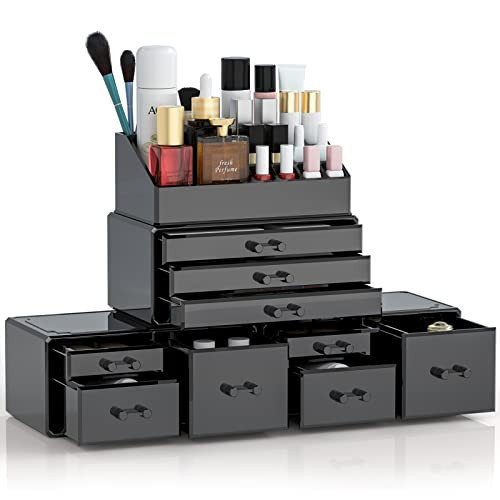 DreamGenius Makeup Organizer 4 Pieces, Acrylic Makeup Storage Box with 9 Drawers for Lipstick Jewelry and Makeup Brushes, Stackable Vanity Organizer for Dresser and Bathroom Countertop, Black | Amazon (US)