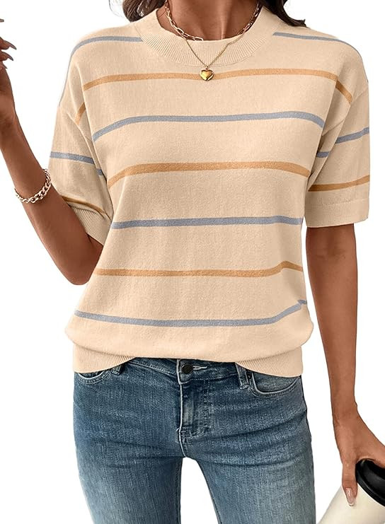 SHEWIN Womens Tops Crewneck Short Sleeve Sweater Pullover Knit Striped Shirt Blouses Spring Outfi... | Amazon (US)