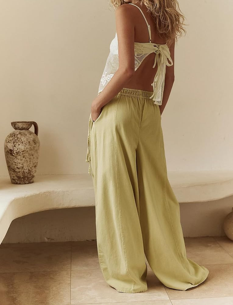 Women Loose Low Rise Drawstring Pants Baggy Elastic Waist Wide Leg Pants Summer Casual Palazzo Lo... | Amazon (US)